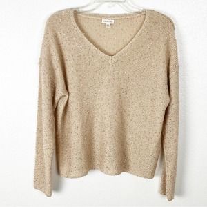 GARNET HILL Metallic Gold Sequin Alpaca Wool Blend V-Neck Sweater, Size Medium